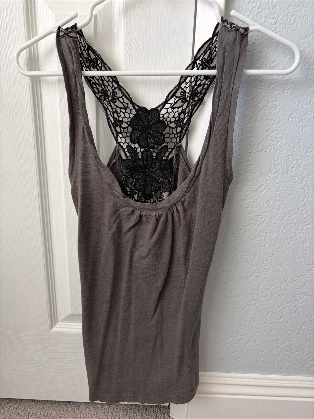 Full Tilt Gray Racerback Tank with Black Lace Detail